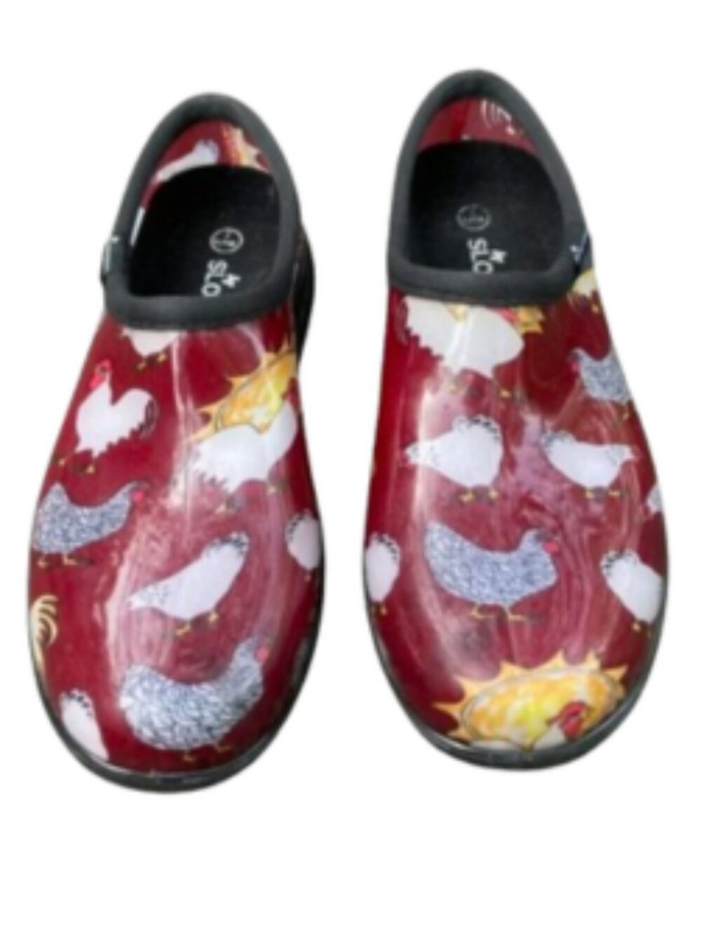 Sloggers Women’s Waterproof Garden Clogs Shoes Slip-On Chickens Burgundy, size 7